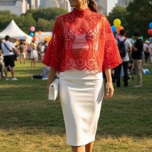 # A123  Nancy Romantic goth Red Sheer Lace Top Beaded Pearls  New No Tag  M